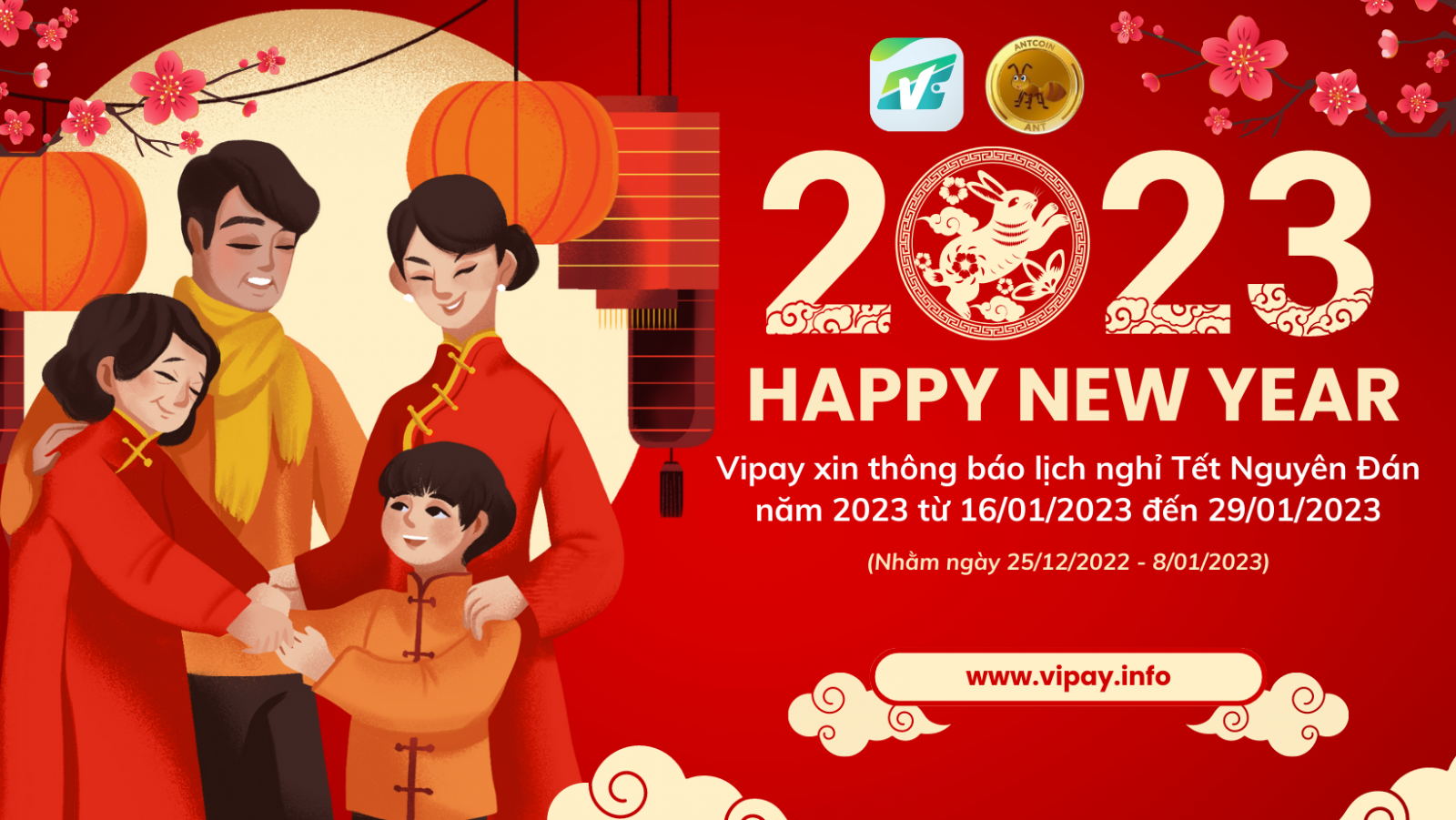 Ví điện tử Vipay thông báo nghỉ Tết Nguyên Đán năm 2023